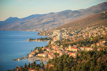 Obraz premium Opatija, Croatia / 27th march 2019: High angle view on costal line on town Opatija in Kvarner riviera