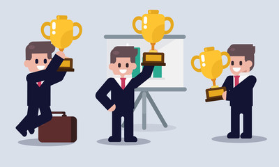 Set of businessman with success cup. Business character. Flat vector illustration 