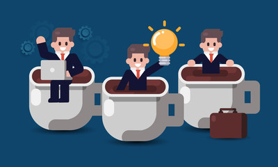 Office lunch time. Businessman with coffee break concept. Coffee make idea and  energy boost. Flat vector illustration