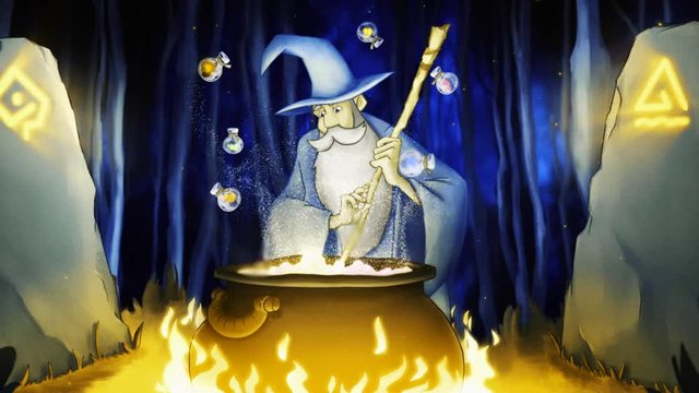 Cute cartoon wizard preparing a potion in a cauldron and adding some ingredients from the small bottles. Stock footage. Beautiful colorful animation
