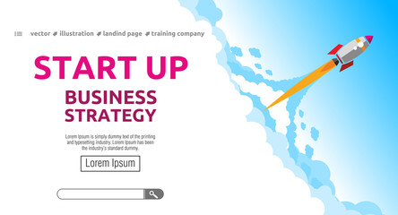 Launching business strategy rocket. Startup concept landing page design. Illustration, vector