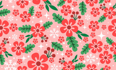 Christmas floral pattern background, with unique red flower.