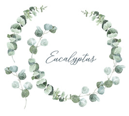 Lagom Autumn Eucalyptus Wreath. Watercolor silver eucalyptus round frame for wedding and events invitations. Greenery set isolated on white background - obrazy, fototapety, plakaty