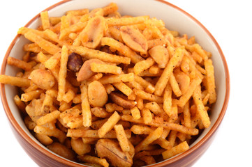 Deep fried salty dish - chivda or mixture made of gram flour and mixed with dry fruits.