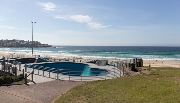 Skate Track With A Beautiful Background Of Bondi Beach And Its Egde Cliffs.