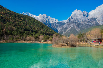 Beautiful of Blue Moon Valley, landmark and popular spot for tourists attractions inside the Jade Dragon Snow Mountain (Yulong) Scenic Area, near Lijiang Old Town. Lijiang, Yunnan, China