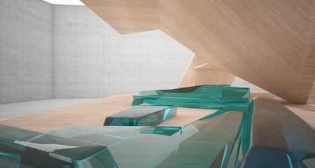 Abstract architectural concrete, wood and glass interior of a minimalist house with swimming pool and neon lighting. 3D illustration and rendering.