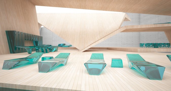 Abstract architectural concrete, wood and glass interior of a minimalist house with swimming pool and neon lighting. 3D illustration and rendering.