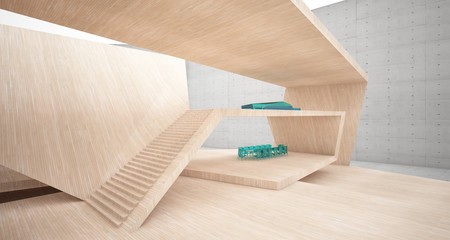 Abstract architectural concrete, wood and glass interior of a minimalist house with swimming pool and neon lighting. 3D illustration and rendering.