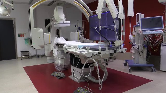 view of a scanning system with magnetic navigation in a hospital. Artis Zee imaging application. flat detector biplane delivering 3D images