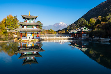 Beautiful of Black Dragon Pool with Jade Dragon Snow Mountain background, landmark and popular spot...