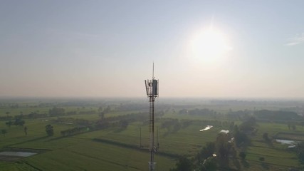 aerial view to cellular antenna, Tower with antennas for cell phone,View from flying drone.4K Shot. - Powered by Adobe