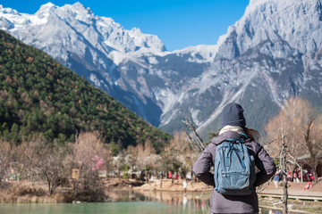 Young woman traveler traveling at Blue Moon Valley, landmark and popular spot inside the Jade...
