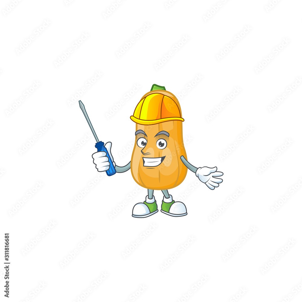 Sticker Cute and cool automotive butternut squash presented in mascot design