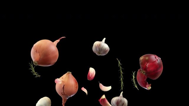 Onion, garlic and mix of herbs tossed up in slow motion, hanging in air and falling down on black background. Healthy Diet Superfood thrown from below.