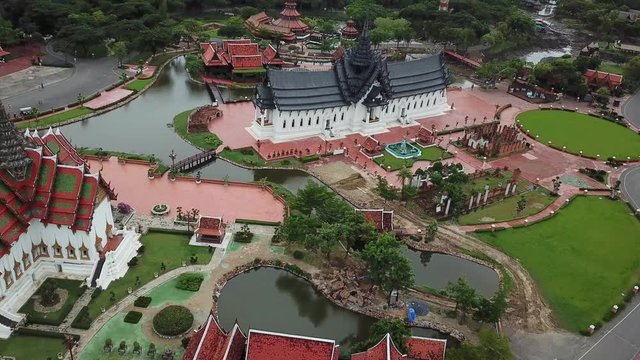 Sanphet Prasat Throne Hall and Dusit Maha Prasat Palace Replicas in Ancient Siam City Park Near Bangkok Thailand