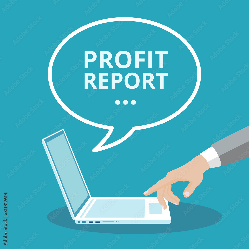 Poster simple illustration from the hands of a businessman touching a laptop keyboard. accessing profit rep
