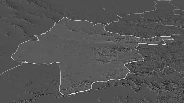 Herat, province with its capital, zoomed and extruded on the bilevel map of Afghanistan in the conformal Stereographic projection. Animation 3D