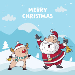 Happy Merry Christmas with Santa clause and deer cartoon illustration