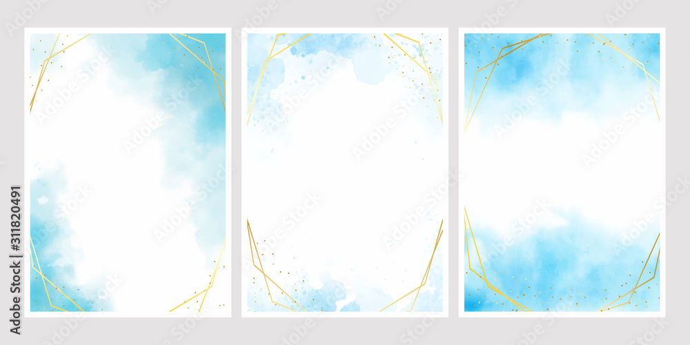 Wall mural blue watercolor wash splash with golden frame 5x7 invitation card background template collection