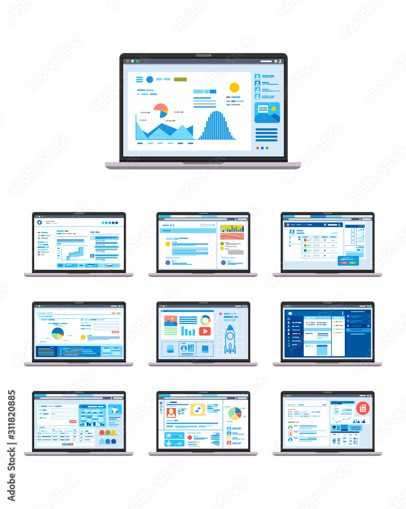 Fototapete set of ui, ux, gui graphic user interface and user interface design in laptop for website or apps ve