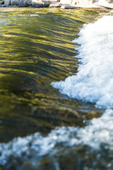 Smooth water with autumn tree reflected color flows into white rapids rushing on the Truckee river