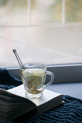 Cozy winter autumn still life: cup of hot tea, warm plaid and opened book on windowsill. Minimal unplug calmness relax concept, seasonal weekend or depression loneliness