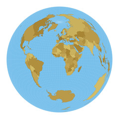 World Map. Lambert azimuthal equal-area projection. Map of the world with meridians on blue background. Vector illustration.