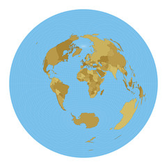 World Map. Azimuthal equidistant projection. Map of the world with meridians on blue background. Vector illustration.