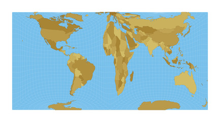 World Map. Gringorten square equal-area projection. Map of the world with meridians on blue background. Vector illustration.