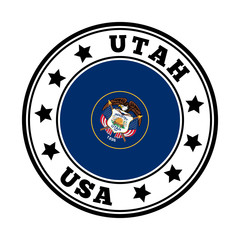 Utah sign. Round us state logo with flag of Utah. Vector illustration.