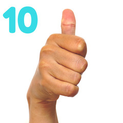 Sign language number 10 for the deaf . Fingerspelling in American Sign Language (ASL). Hand gesture number ten on a white background.