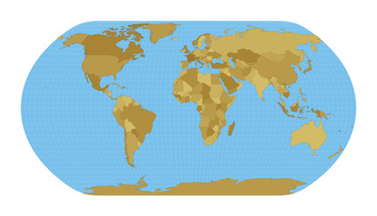 World Map. Natural Earth projection. Map of the world with meridians on blue background. Vector illustration.