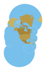 World Map. Modified stereographic projection for the United States including Alaska and Hawaii. Map of the world with meridians on blue background. Vector illustration.