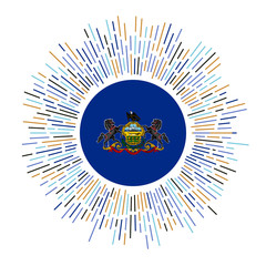 Pennsylvania sign. US state flag with colorful rays. Radiant sunburst with Pennsylvania flag. Vector illustration.