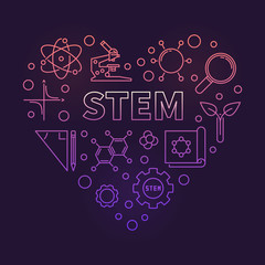 STEM colored vector heart. Science, Technology, Engineering and Mathematics Heart concept creative illustration in outline style on dark background