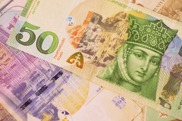 Several different Georgian lari close-up. Money background retro style toned