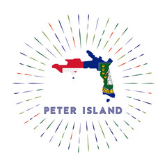 Peter Island sunburst badge. The island sign with map of Peter Island with Virgin Islander flag. Colorful rays around the logo. Vector illustration.