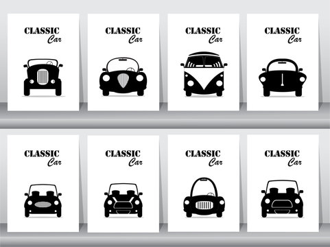 Set of silhouette classic car front view icon vector illustrations,vintage,old