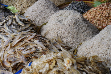 Local stall that selling preserved salted fish and shrimp at Samosir Island.