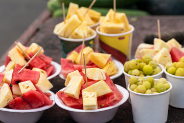 A picture of the famous fruit salad stall in Karnataka, South India, which seen on every roadside
