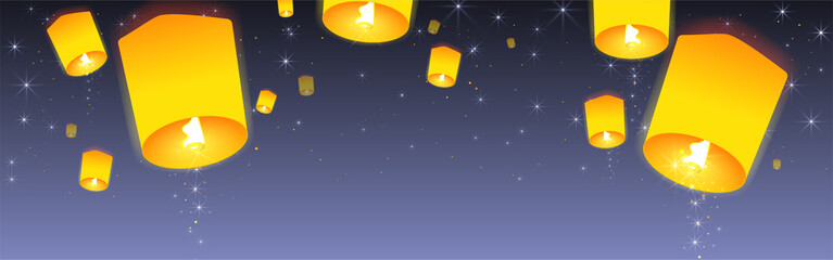 Sky lanterns floating in night sky. Cartoon style. Vector illustration. © Happy-Lucky