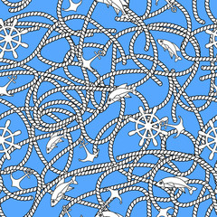 Seamless pattern with marine ropes on a background of the sea. Decorated with a steering wheel, fish and anchor. Fashionable pattern for fabric, wallpaper or cover. Summer Nautical mood. Stylish print