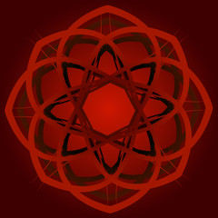 Red abstraction mandala made in a futuristic-mystical style on a burgundy red gradient.