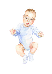 Four-month cute smiling baby happily looks wide-eyed and reaches for his mother.