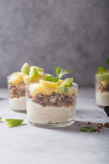 Homemade yogurt parfait with granola, kiwi fruit, pineapple and nuts in a glass for healthy breakfast on concrete background