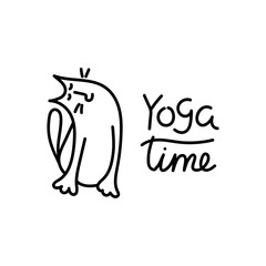 Doodle cat hand drawn style. Isolated cute cat do yoga . Yoga time, inscription. Black and white line vector art illustration