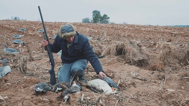 Happy hunter with a geese Extraction. Goose Hunter. hunting trophy