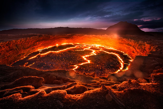 Erta Ale shield volcano in Eastern Ethiopia, erupting lava lake