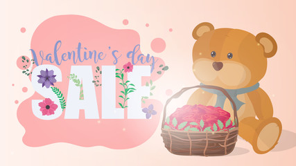 Valentine's day sale. Valentine's Day celebration. Flower font. Funny teddy bear. A plush toy with a basket of flowers. Concept for the day of lovers.